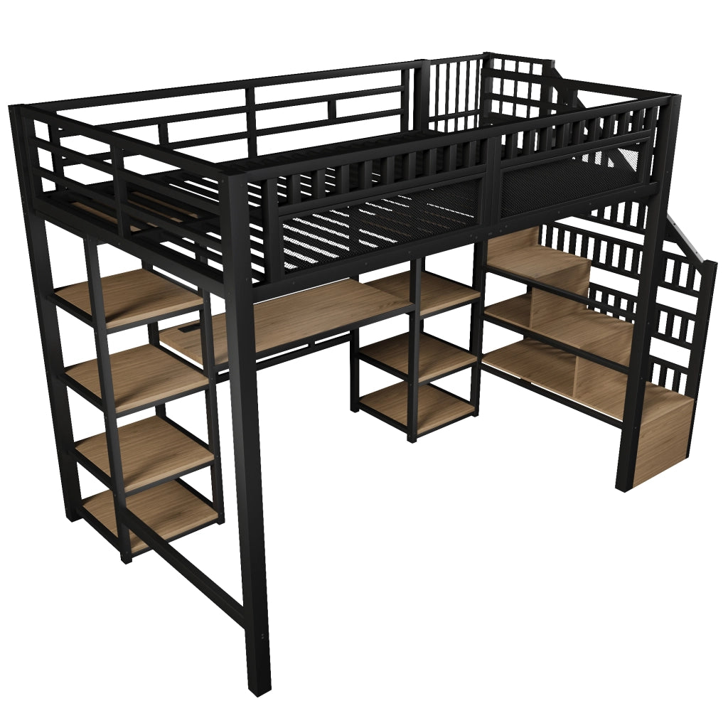 Letto a castello nero 140x200 cm telaio in metallo funzione scrivania scala