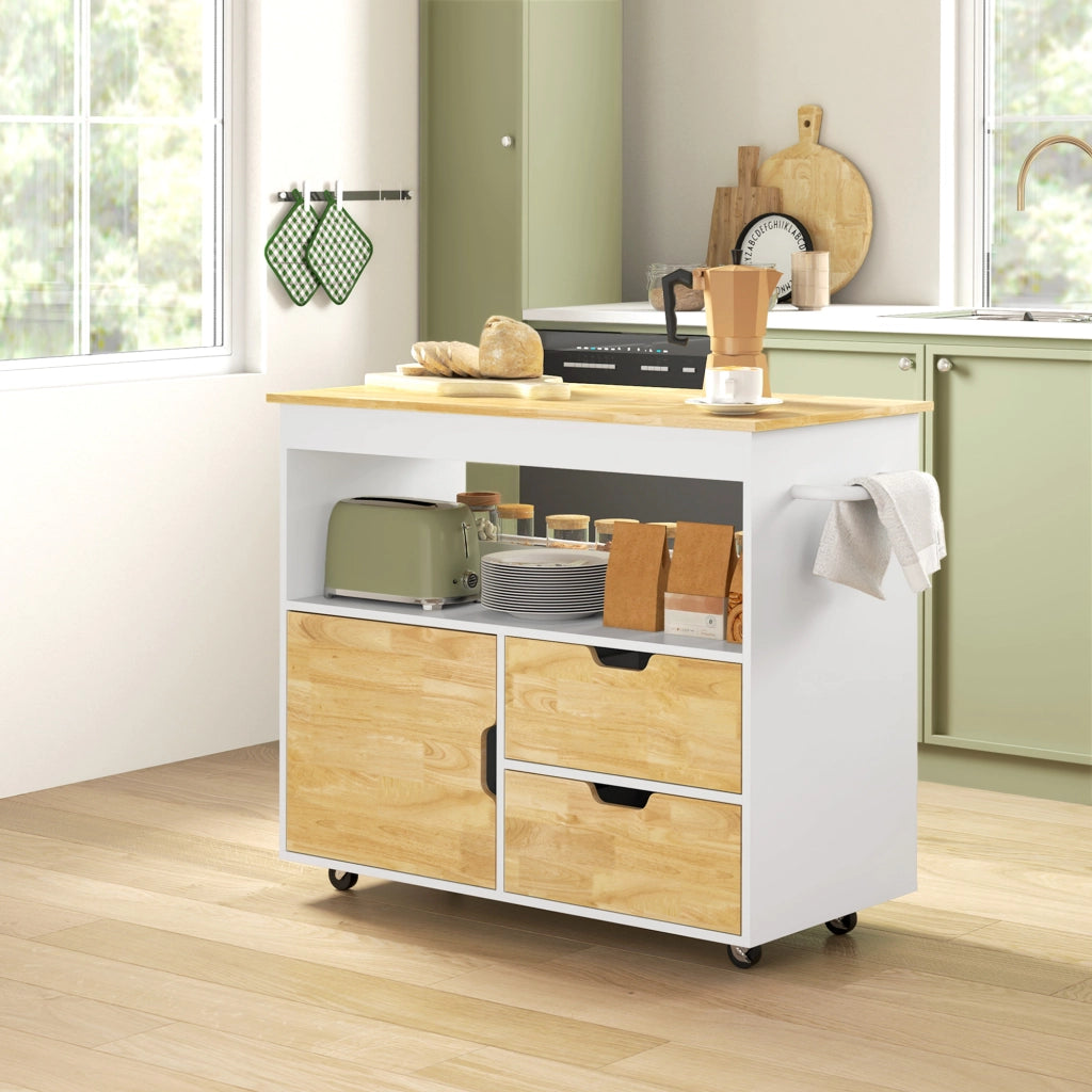 Carrello da Cucina con 2 Cassetti; 1 Anta; 1 Vano Aperto; Portasciugamani e Ruote; in Legno; Rovere