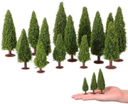 Kit di mini alberi di Natale 15 pezzi - Cedro - Decorazione per giardino di favole - Filo di ferro/Spugna - Altezza complessiva 10/8/6 cm - Verde scuro - Alberi in scatola