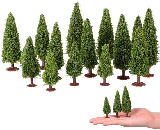 Kit di mini alberi di Natale 15 pezzi - Cedro - Decorazione per giardino di favole - Filo di ferro/Spugna - Altezza complessiva 10/8/6 cm - Verde scuro - Alberi in scatola