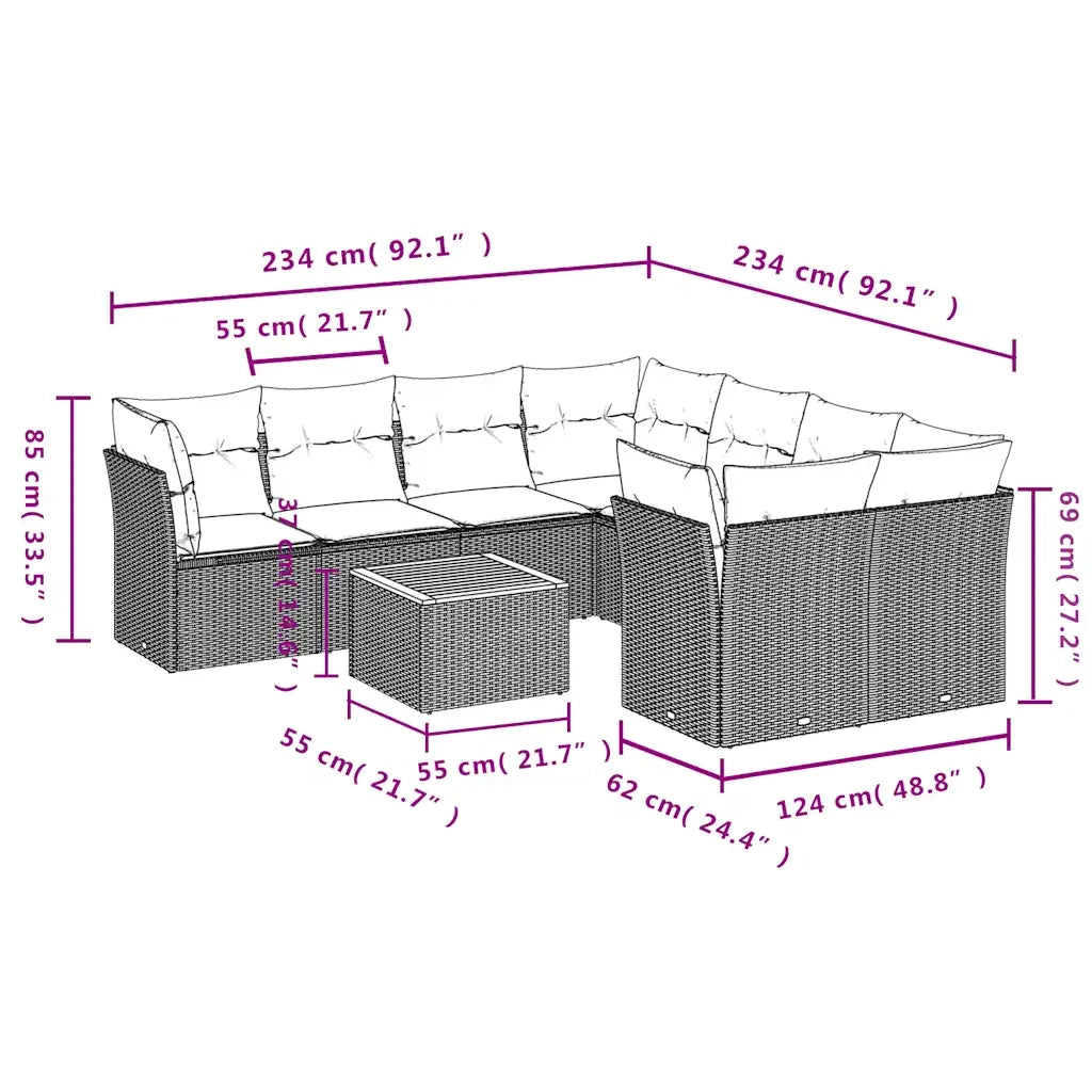Set Divani da Giardino 9 pz con Cuscini Grigio in Polyrattan