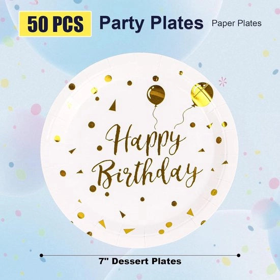 Set di 50 piatti di carta per compleanni - piatti da 18 cm in carta bianca e oro per feste di compleanno.