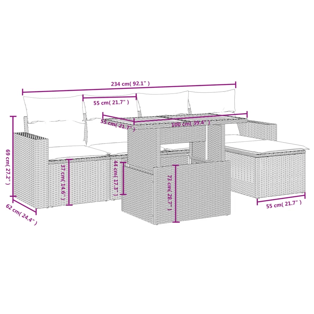 Set Divano da Giardino 6 pz con Cuscini Grigio in Polyrattan