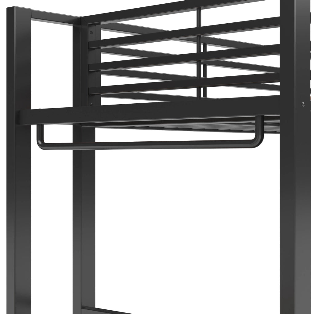 Letto a castello 90x200 cm in metallo e MDF con LED; area appendiabiti e contenitori nero
