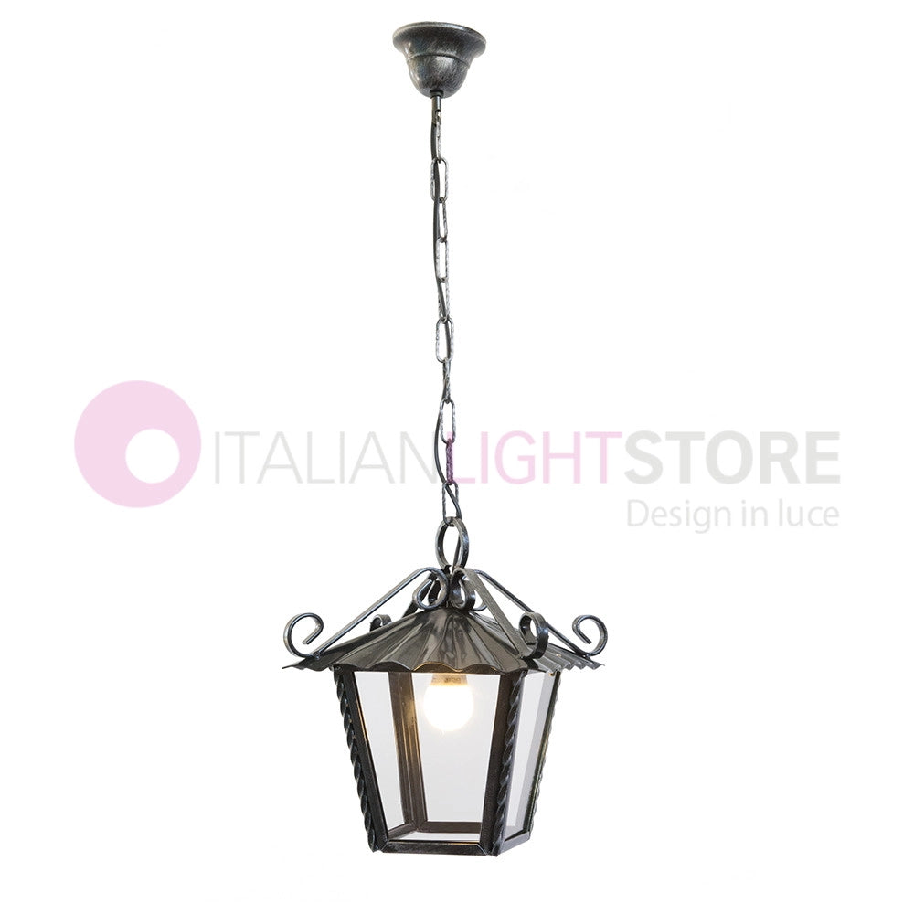UMBRIA Lanterna Quadrata con Catena Ferro Battuto L.25 Design Rustico