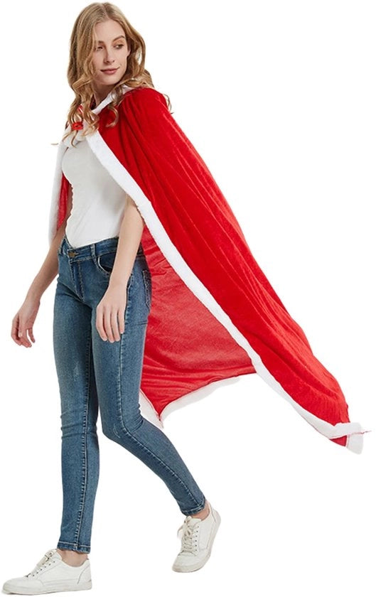 Cape con Cappuccio in Velluto Rosso 150 cm - Verkleedkostuum - Halloween/Kerst - Materiale di Alta Qualità - Completo con Piume - Cape per Natale