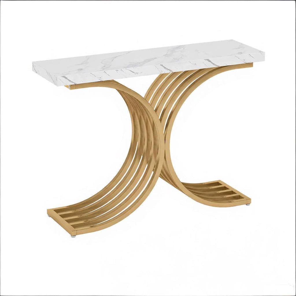 Consolle con piano effetto marmo e struttura in metallo per ingresso 100×30×80 cm oro