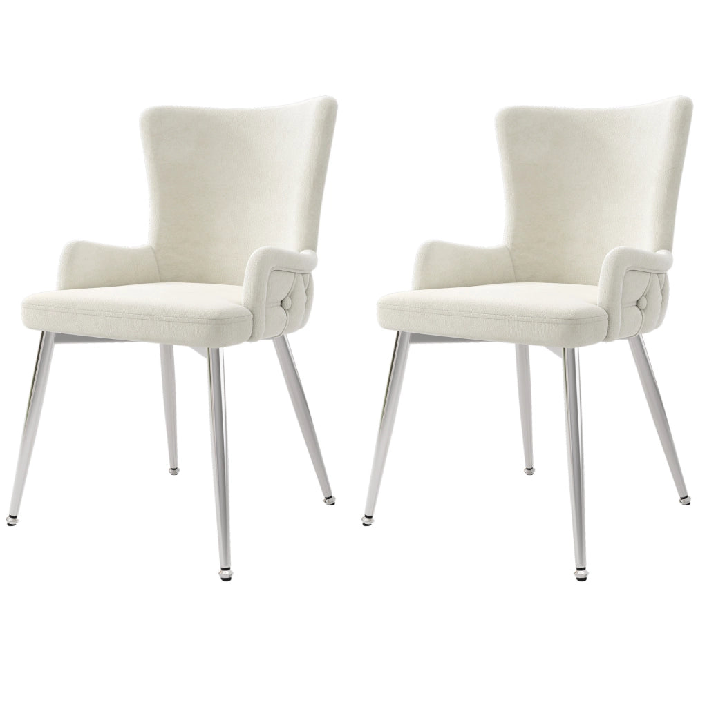 Set di 2 Sedie per Sala da Pranzo in Velluto Beige con Gambe in Metallo Argento