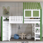 Letto a Soppalco per Bambini con Armadio, Rete a Doghe e Scala ¨C MINIMAL ¨C Pino/MDF, Bianco e Verde, 90x200