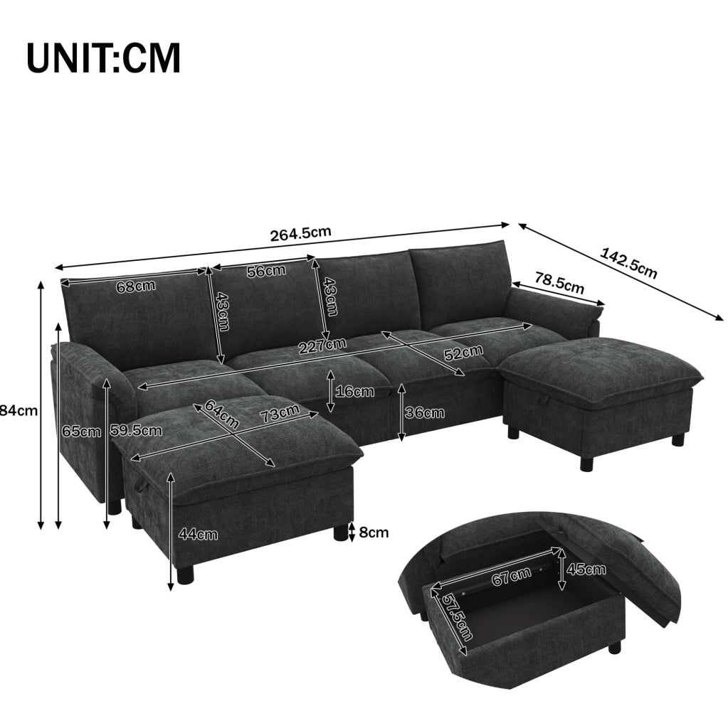 Divano modulare angolare in chenille nero con 2 pouf