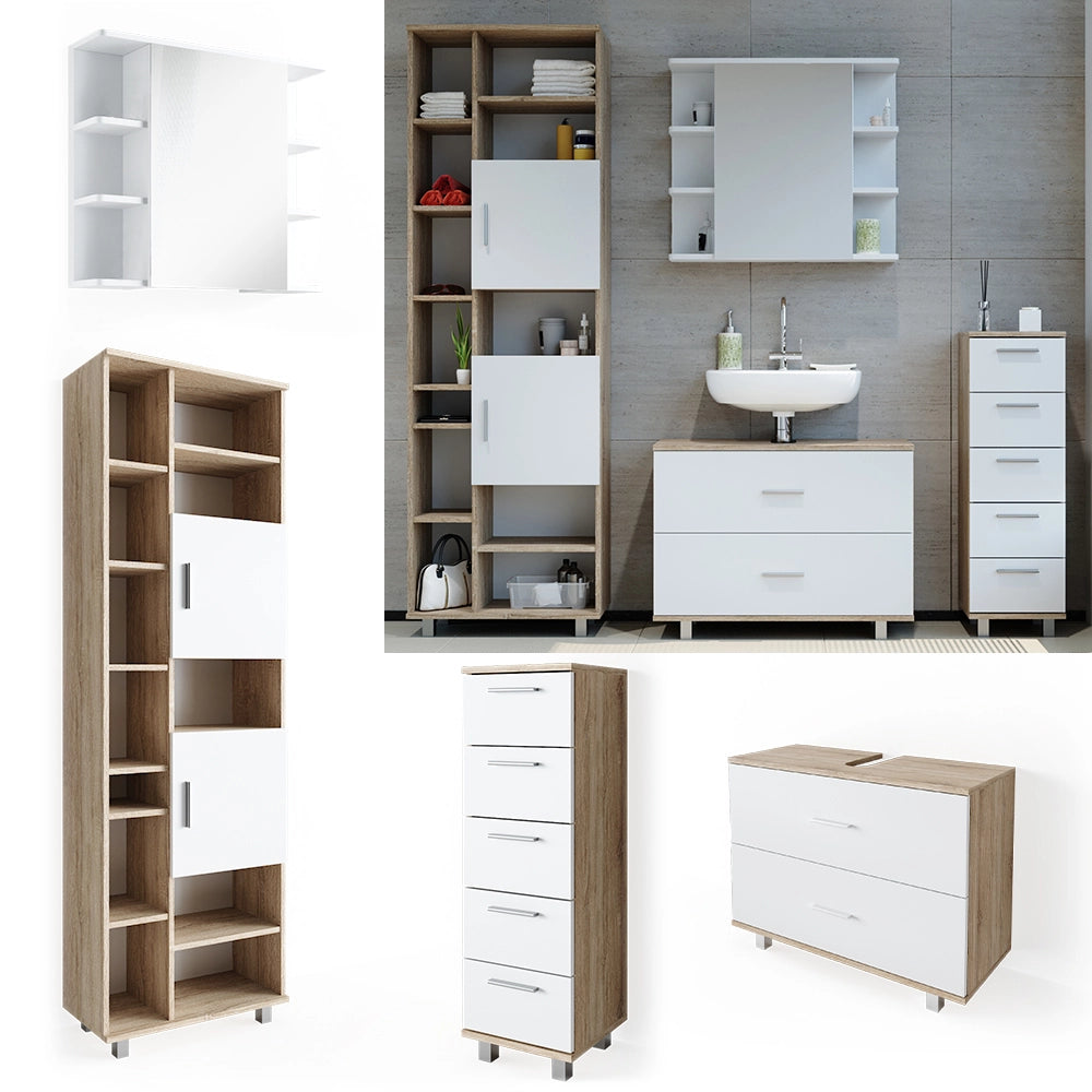 Vicco Set mobili bagno Bianco/Sonoma 4 parti, con armadio alto