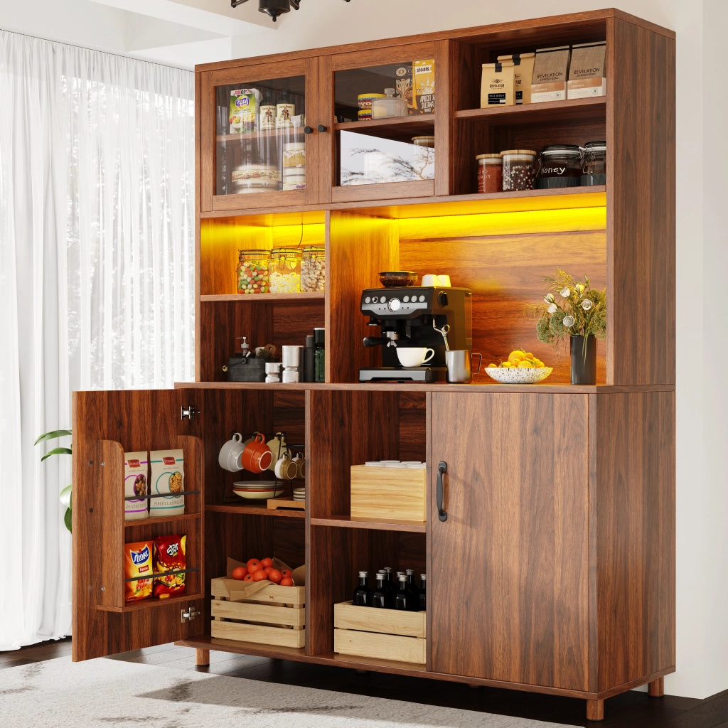 OKWISH Credenza Alta con 2 Ante Scorrevoli e 3 Ripiani Regolabili, LED e USB, per Cucina, MDF, Noce, 140×40×185 cm