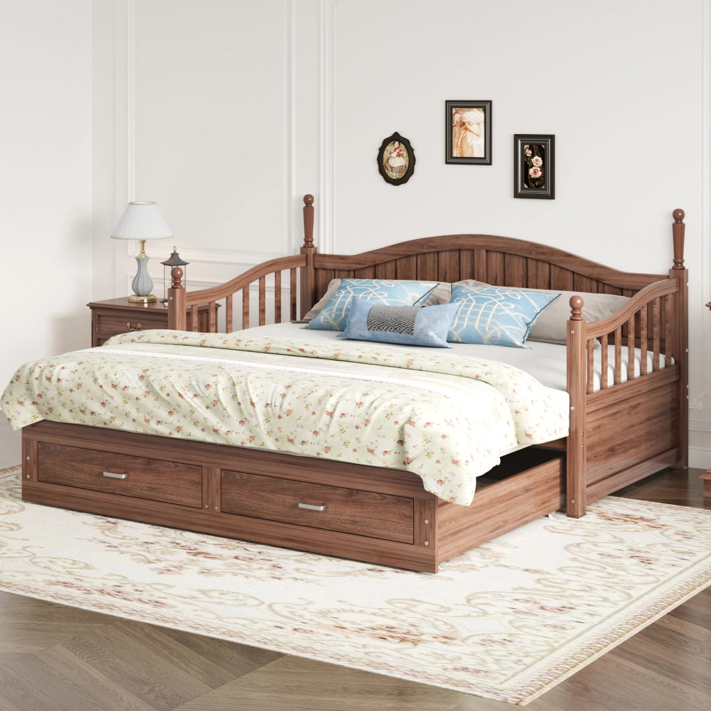 OKWISH Letto Divano Estraibile 90×190 cm, Letto Singolo con 2 Cassetti, Schienale Curvo e Braccioli, senza Materasso, in Legno, Noce