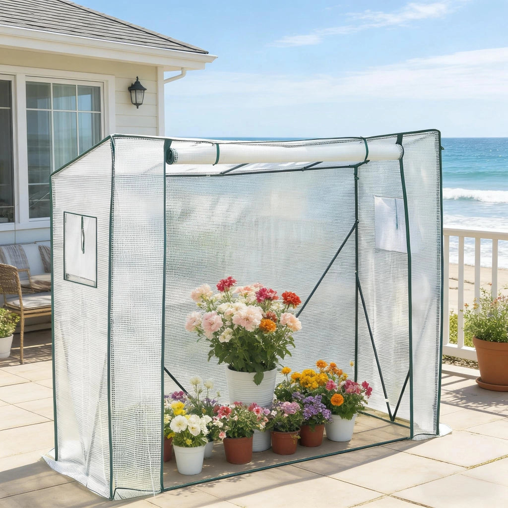 Serra a tunnel con copertura in PE traslucido e struttura in acciaio bianca per balcone e giardino 200 × 77 × 169 cm