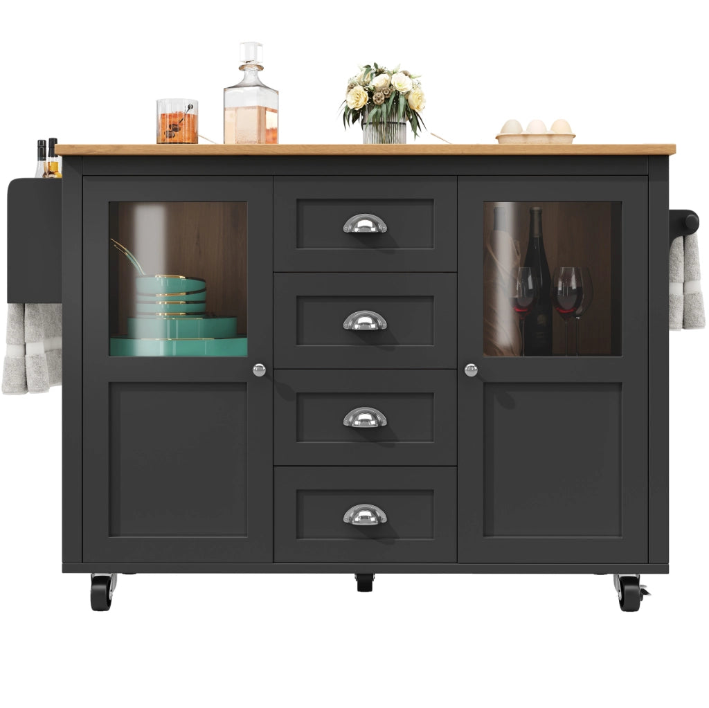 Isola cucina pieghevole con ruote, 4 cassetti, nera