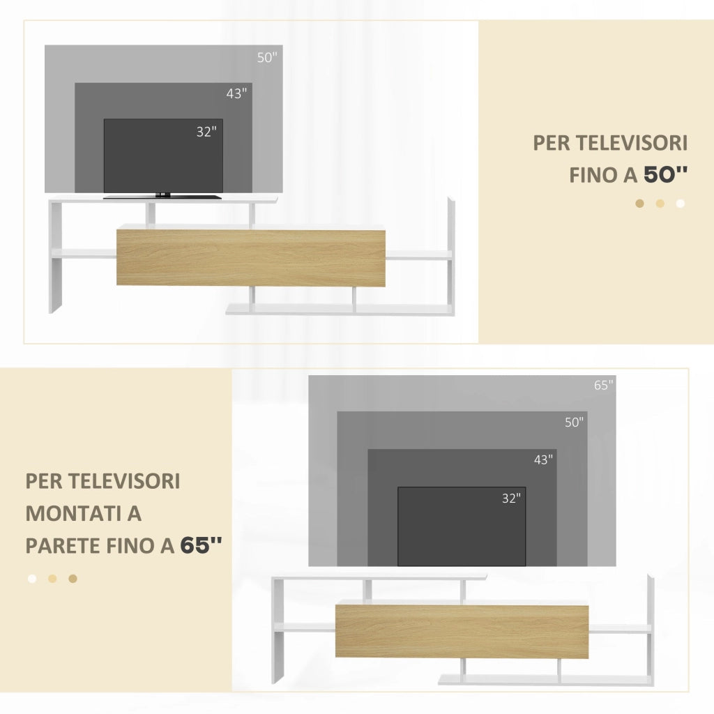 Mobile TV Ripiani e Armadietto a Ribalta con Mensola a Muro 153,6x25x42 cm Bianco e Legno Naturale