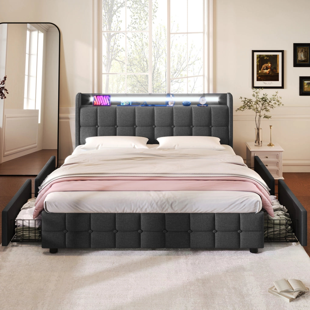 Letto contenitore 140x200 cm con LED; USB; 4 cassetti e testiera; grigio
