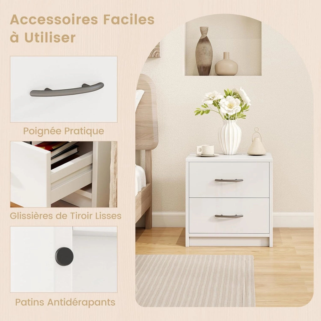COSTWAY Comodino Camera da Letto con 2 Cassetti, Comodino Salvaspazio in Legno, Comodino Mobile da Letto con Kit Antiribaltamento, per Soggiorno e Studio, 38,5 x 28 x 39 cm (Bianco, 2 Cassetti)