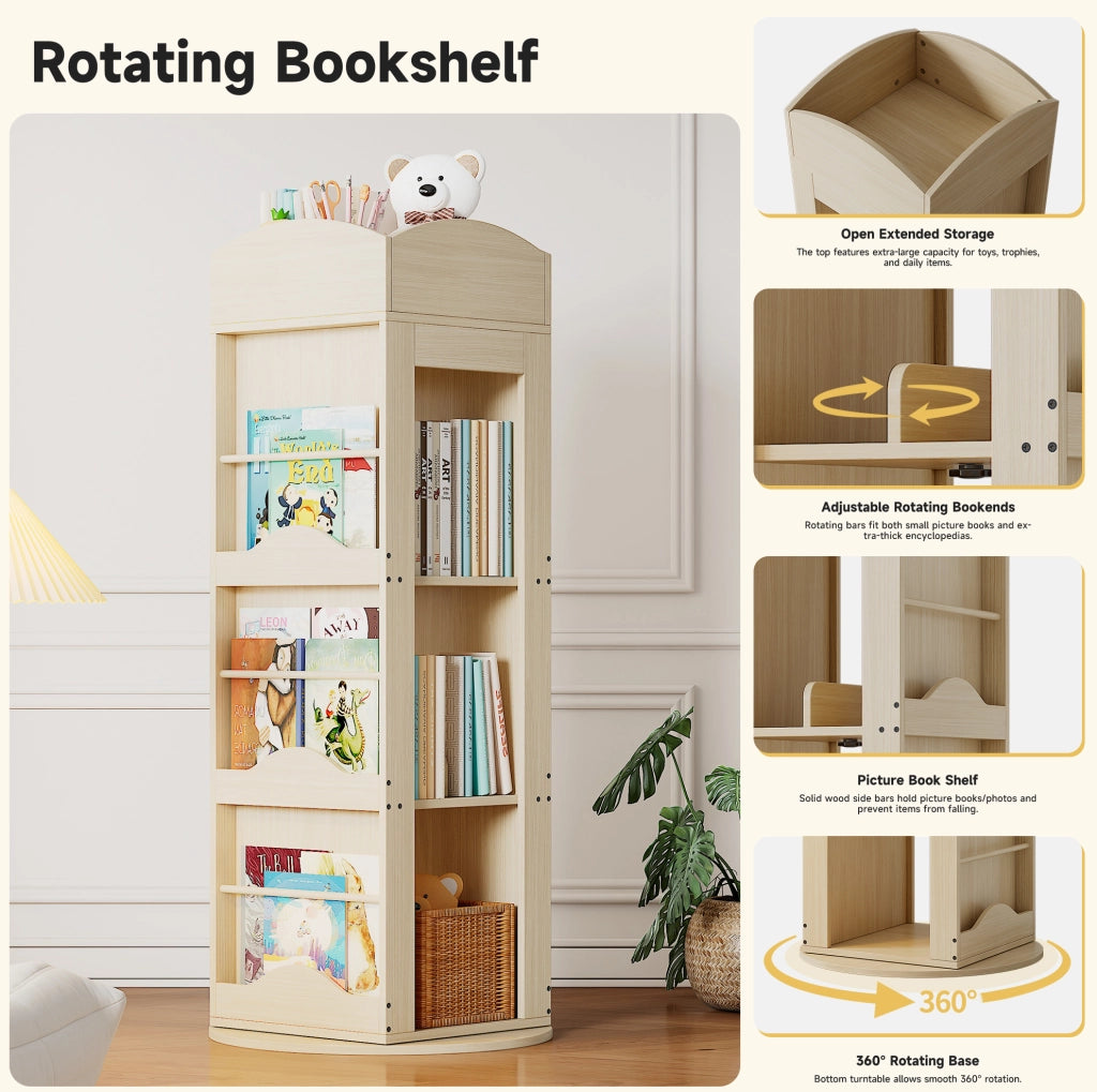 Libreria girevole a 360° in MDF, 4 ripiani, naturale