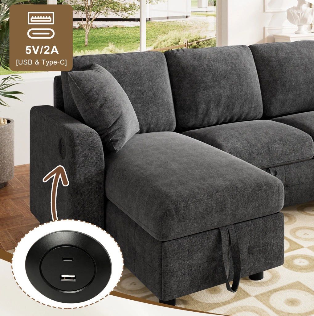 Divano letto a U in chenille con contenitore; USB e Type-C; grigio scuro; 260x128x82 cm
