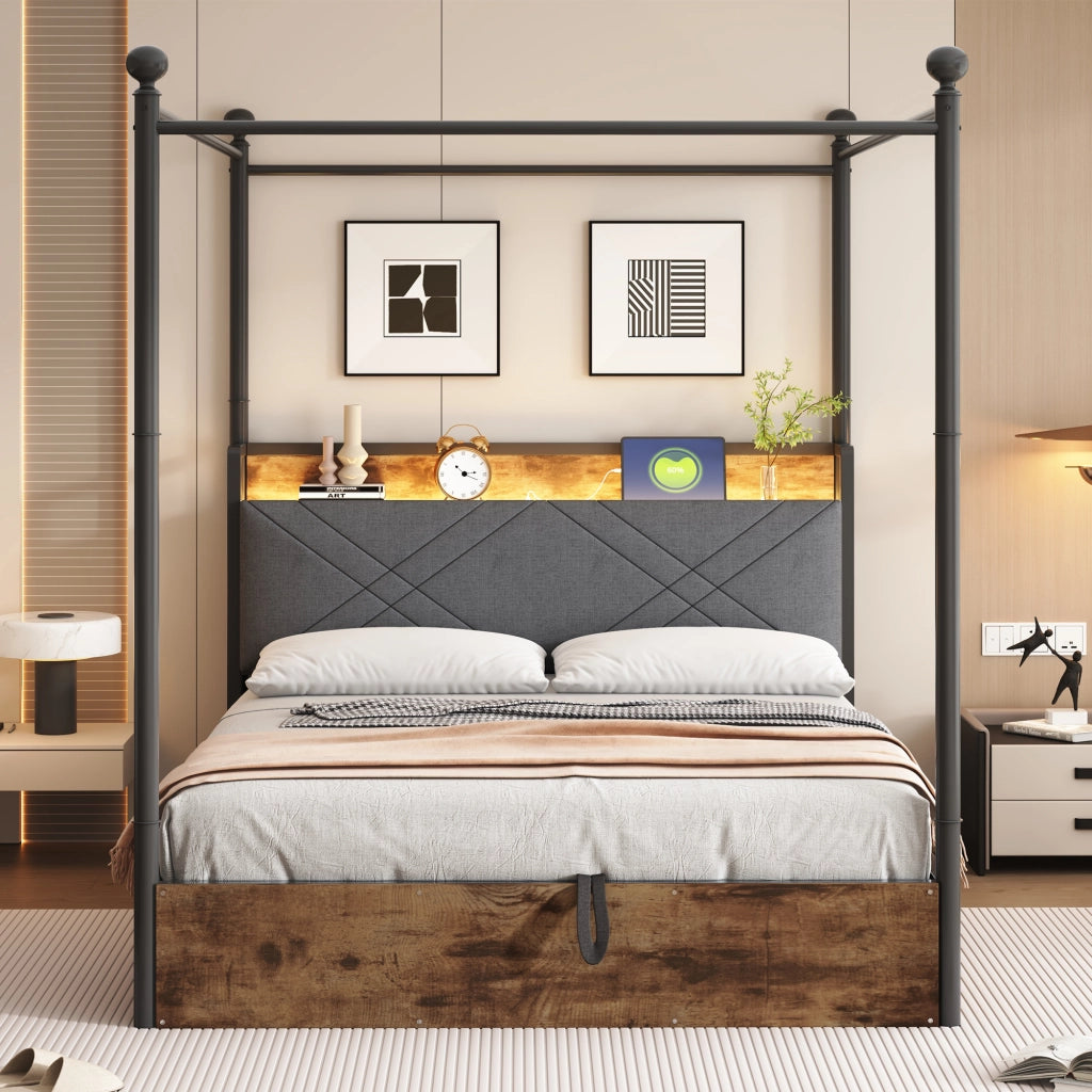 Letto matrimoniale multifunzionale 140x190 cm in metallo nero con baldacchino rimovibile, LED smart, USB/Type-C e contenitore idraulico
