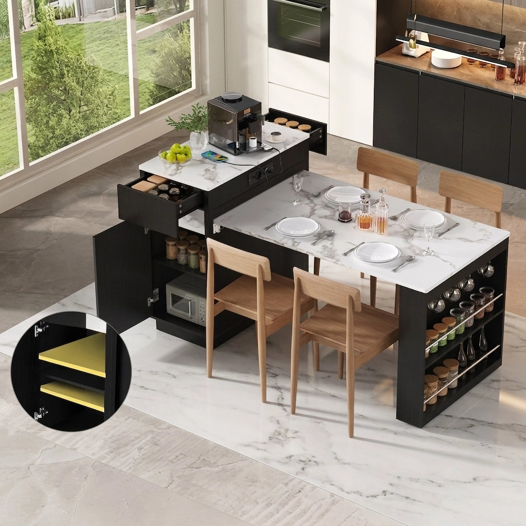 Isola Cucina Mobile con Tavolo Estensibile 154 cm; Illuminazione LED; Prese USB; Ripiani e Cassetti Nero
