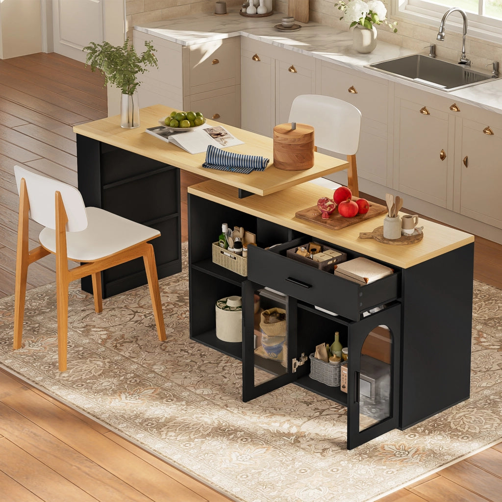 Isola da Cucina 136x50x78 cm Nera e Legno con Tavolo Girevole 360°, Cassetto, Ripiani e Vetro