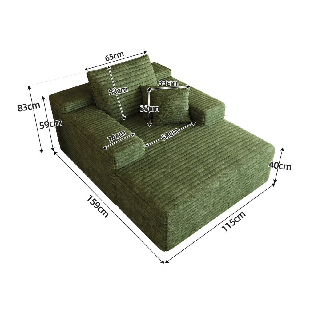 Divano chaise longue in velluto a coste verde con schiuma ad alta elasticità