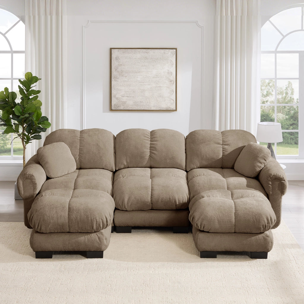 Divano angolare a U 3 posti con pouf mobile e 2 cuscini, Chenille, Marrone