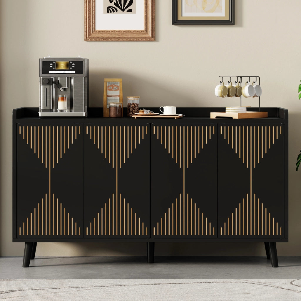 Credenza moderna a 4 ante con ripiani regolabili, buffet da cucina e soggiorno in MDF nero 140 x 40 x 84 cm