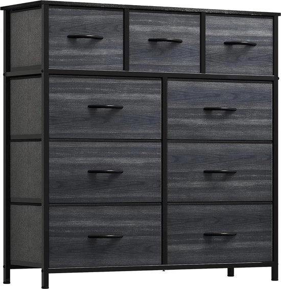 Commode a 9 cassetti con maniglie, cassettiera, armadio, cassettone, telaio metallico, commode in tessuto per camera da letto, soggiorno, ingresso, ufficio, finitura in legno nero