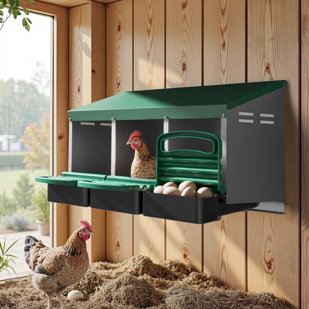 Fudajo Nido triplo per galline ovaiole con vassoio di raccolta 81 x 52 x 48 cm, 3 nidi per uova di gallina, con fori di ventilazione, in plastica, montaggio a parete