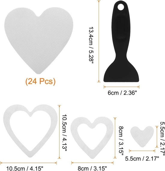 Set di 24 adesivi antiscivolo per vasca e pavimento - 10 cm di lunghezza - Forma a cuore - Nastro antiscivolo - Incluso raschietto - Adatto per bagno, cucina e scale - Bianco.