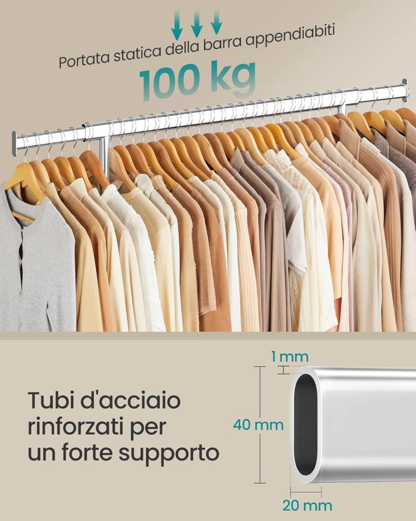 SONGMICS Stand Appendiabiti con Set di 20 Grucce in Legno, Appendiabiti con Rotelle, Asta Estensibile, Gancio Girevole a 360°, Colore Argento e Naturale HSW013S01