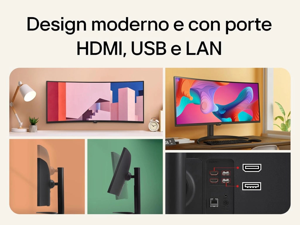 34SR65QC Monitor Smart 34" 21:9 Curvo WQHD (3440x1440) HDR, webOS con app di streaming, Wi-Fi, LAN, Bluetooth, AirPlay, Screen Share, Speaker Stereo 14W, 2x HDMI, 2x USB, 100Hz, Telecomando, Nero