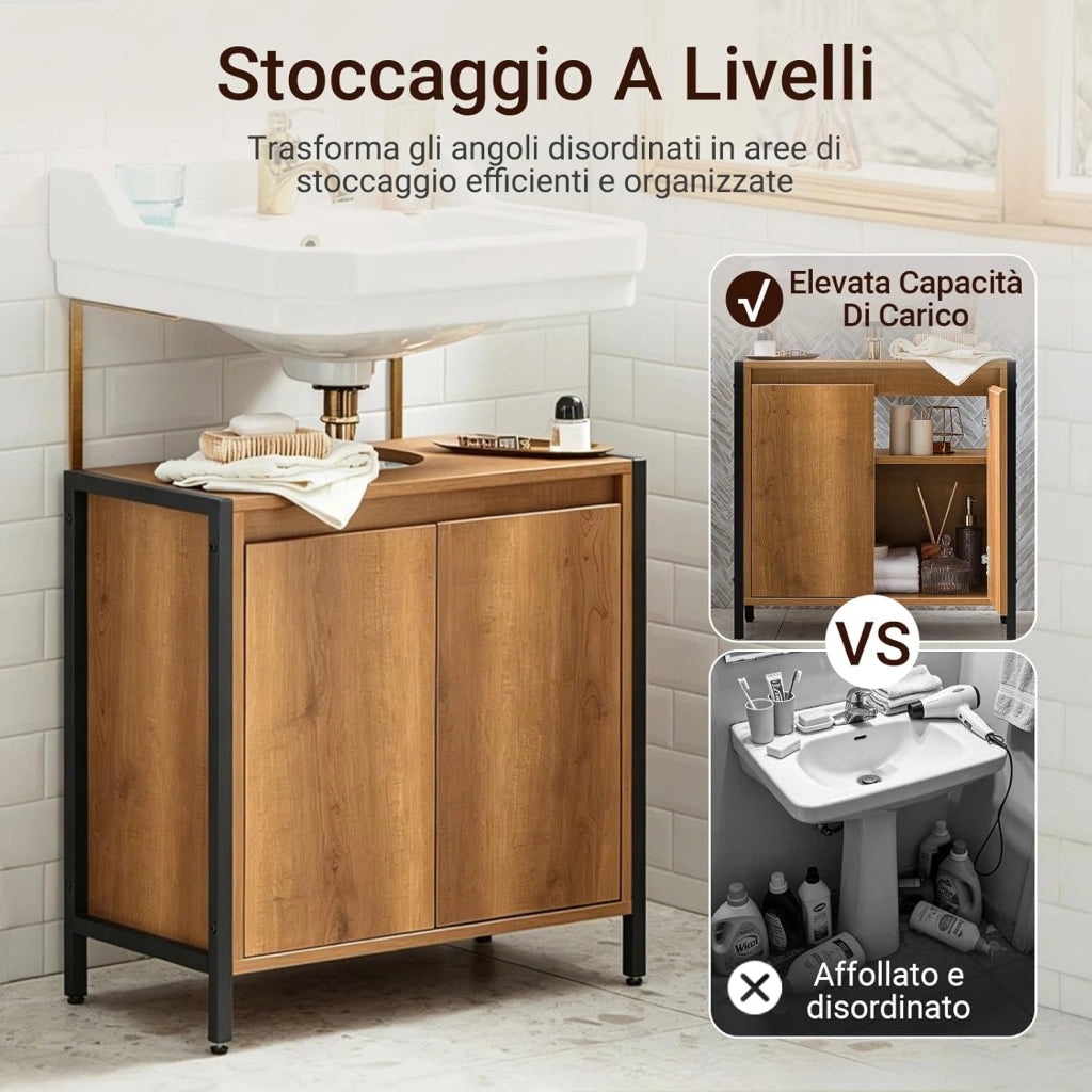 Mobiletto Bagno Salvaspazio - Mobile Sottolavabo per Bagno con 2 Ante e Ripiano, Mobile Sotto Lavabo da Terra con Piedini Regolabili 60x60x30 cm BZR63-PF