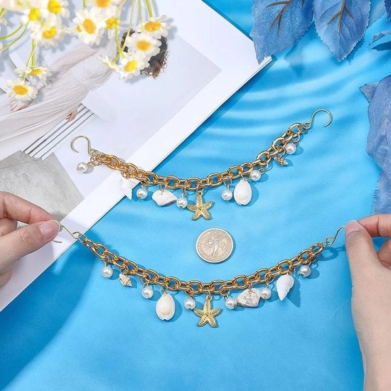 Set di 2 Catene per Scarpe d'Oro con Decorazioni a Conchiglia e Perle