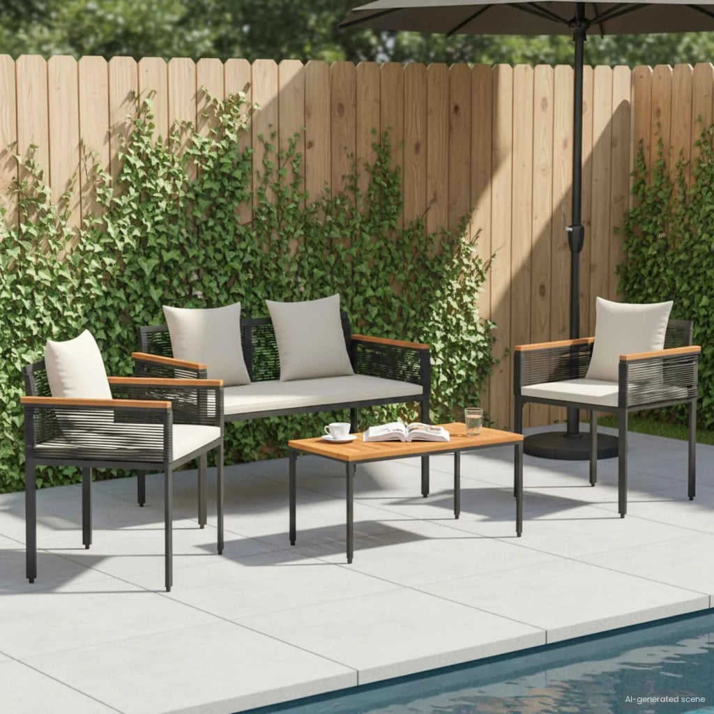 Set di Mobili da esterno | Set Salotto da Giardino Nero e Bianco Crema polyrattan