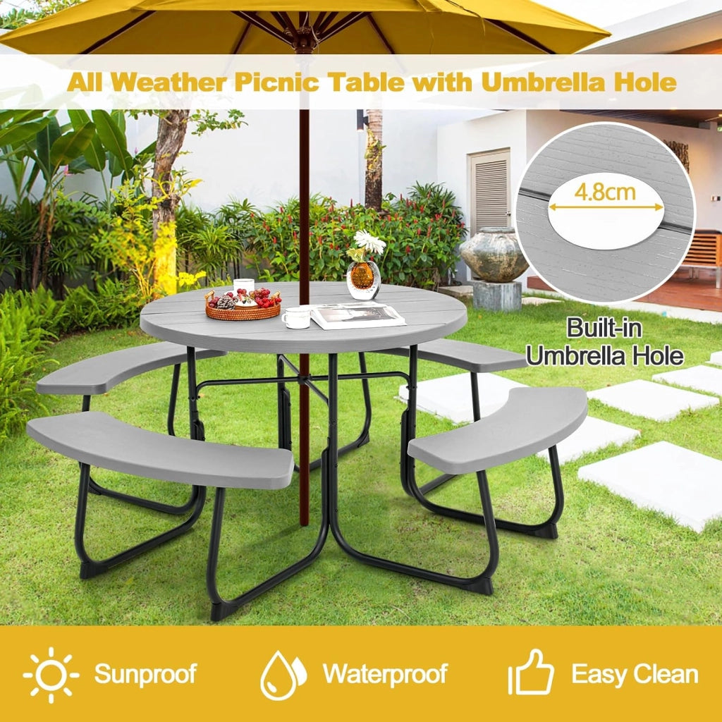 Set da Giardino per 8 Persone, Tavolo Rotondo da Picnic con 4 Panche, Tavolo da Birra in HDPE con Foro per Ombrellone, Set da Esterno Resistente