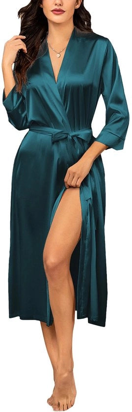 Badjas da Donna Lunga con Tasche, Satin, Abito da Sposa, Festa, Notte, Zaffiro.