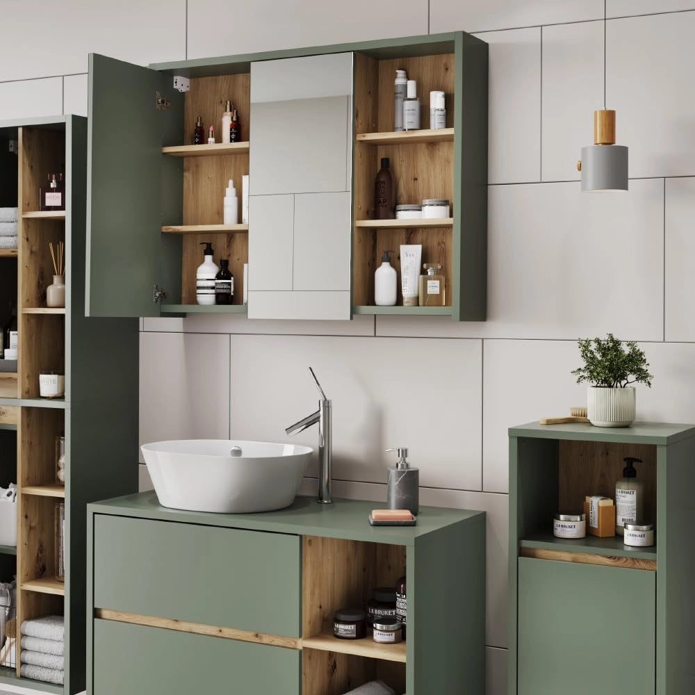 Mobile a specchio per bagno Viola, Verde/Artigianale, 100 x 75 cm con ripiani aperti, per montaggio a parete con ripiani aperti