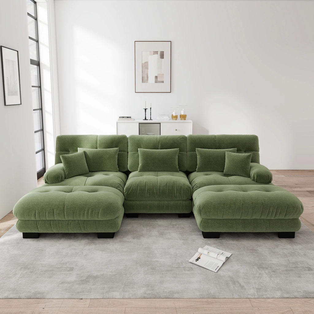 Divano modulare angolare a U con seduta profonda e pouf mobili, in ciniglia verde 313 × 145 × 81 cm