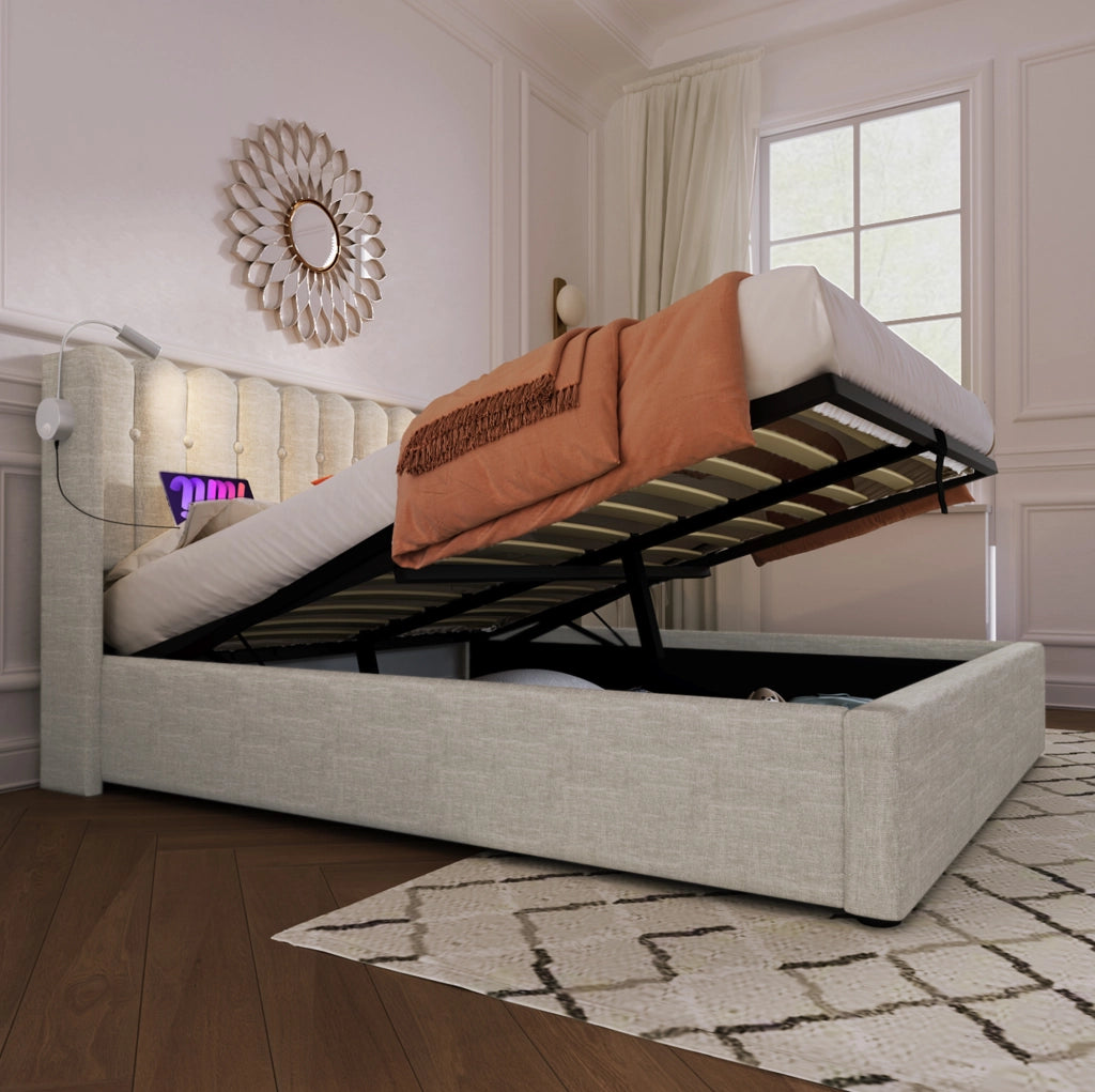 Letto matrimoniale contenitore ULEVR 140x200 cm con luci da lettura, 2 USB e rete a doghe, beige