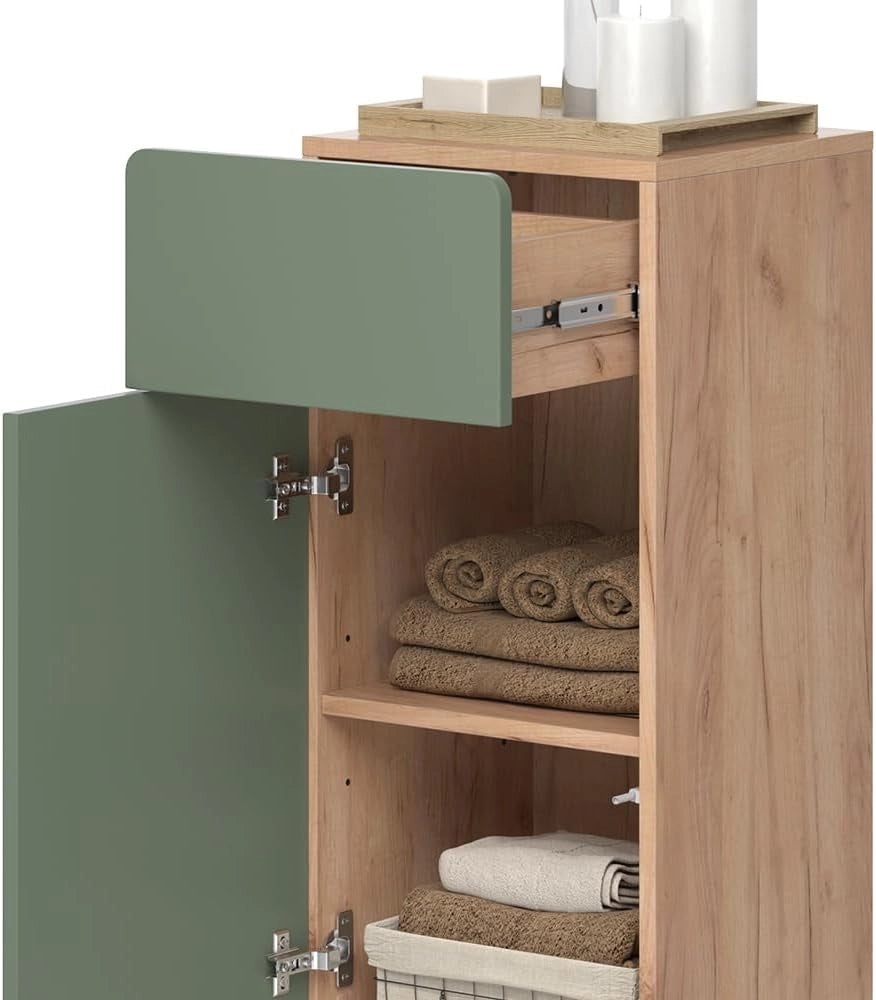 mobiletto bagno Izan, Goldkraft rovere/verde, 36.6 x 76.6 cm con cassetto e anta
