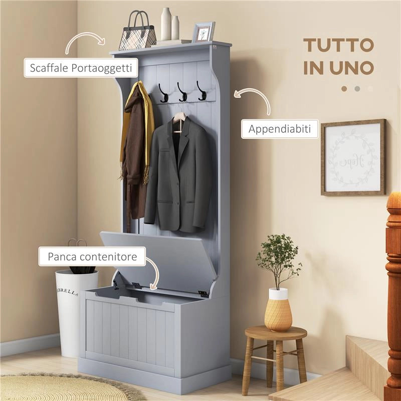 MOBILE APPENDIABITI 3 IN 1 CON 4 GANCI E PANCA CONTENITORE IN LEGNO 71.5X39.5X170 CM GRIGIO