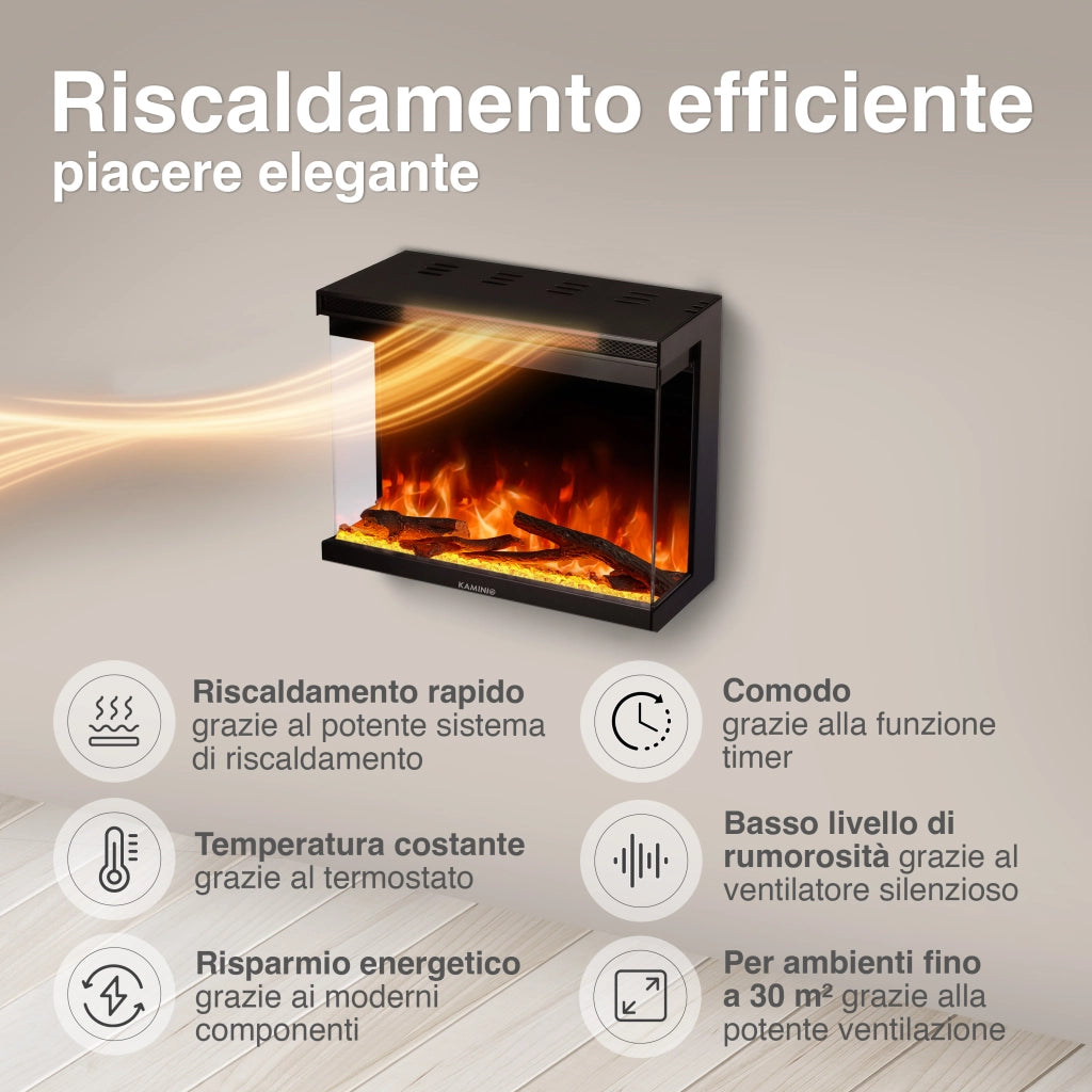 KAMINIO Camino elettrico LEA - Camino 3 in 1 con vista panoramica, riscaldamento, effetto fiamma, 12 colori delle fiamme, telecomando - 24 pollici