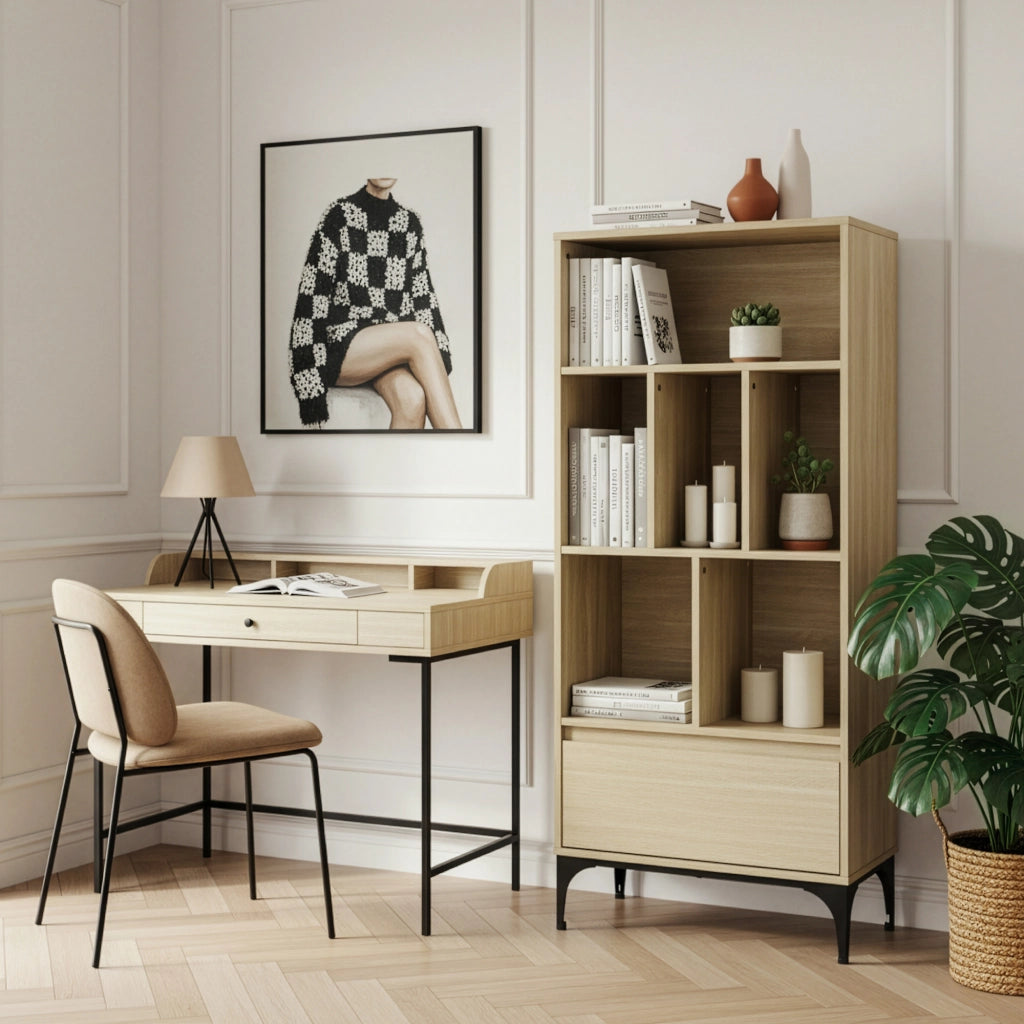 Libreria Kistiandi con 6 Vani Aperti e Cassetto 137 x 60 x 35 cm - Effetto Rovere Chiaro [en.casa]