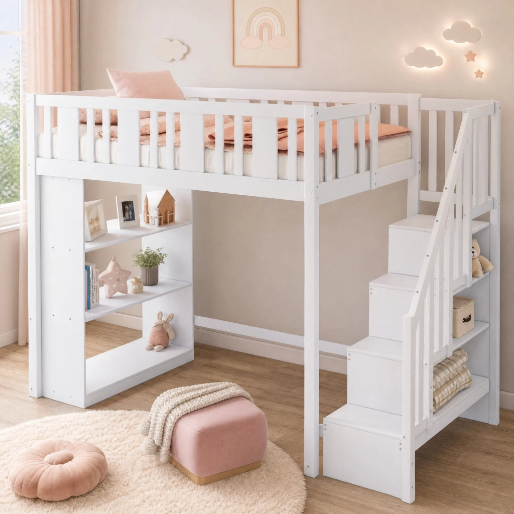 DESMIU Letto a soppalco letto singolo 1 posto con scala contenitore e 3 ripiani, 90 × 200 cm, senza materasso