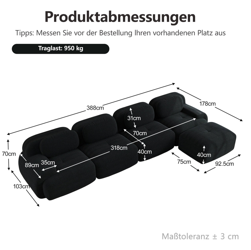 Divano angolare modulare 4 posti con chaise longue 388x178x70 cm in velluto a coste nero