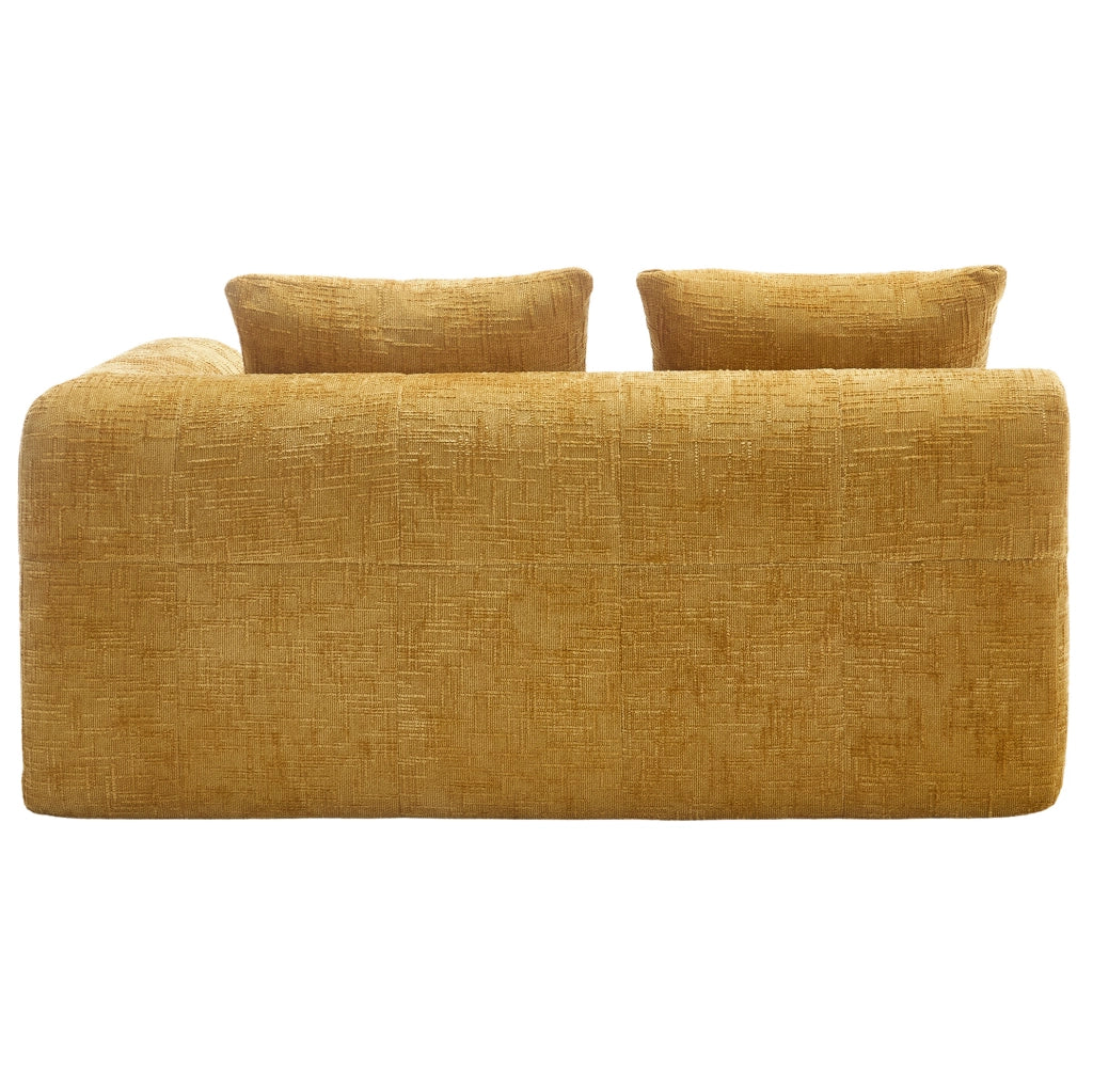 Divano 2 posti in tessuto chenille giallo con chaise longue, cuscino incluso e tasche laterali